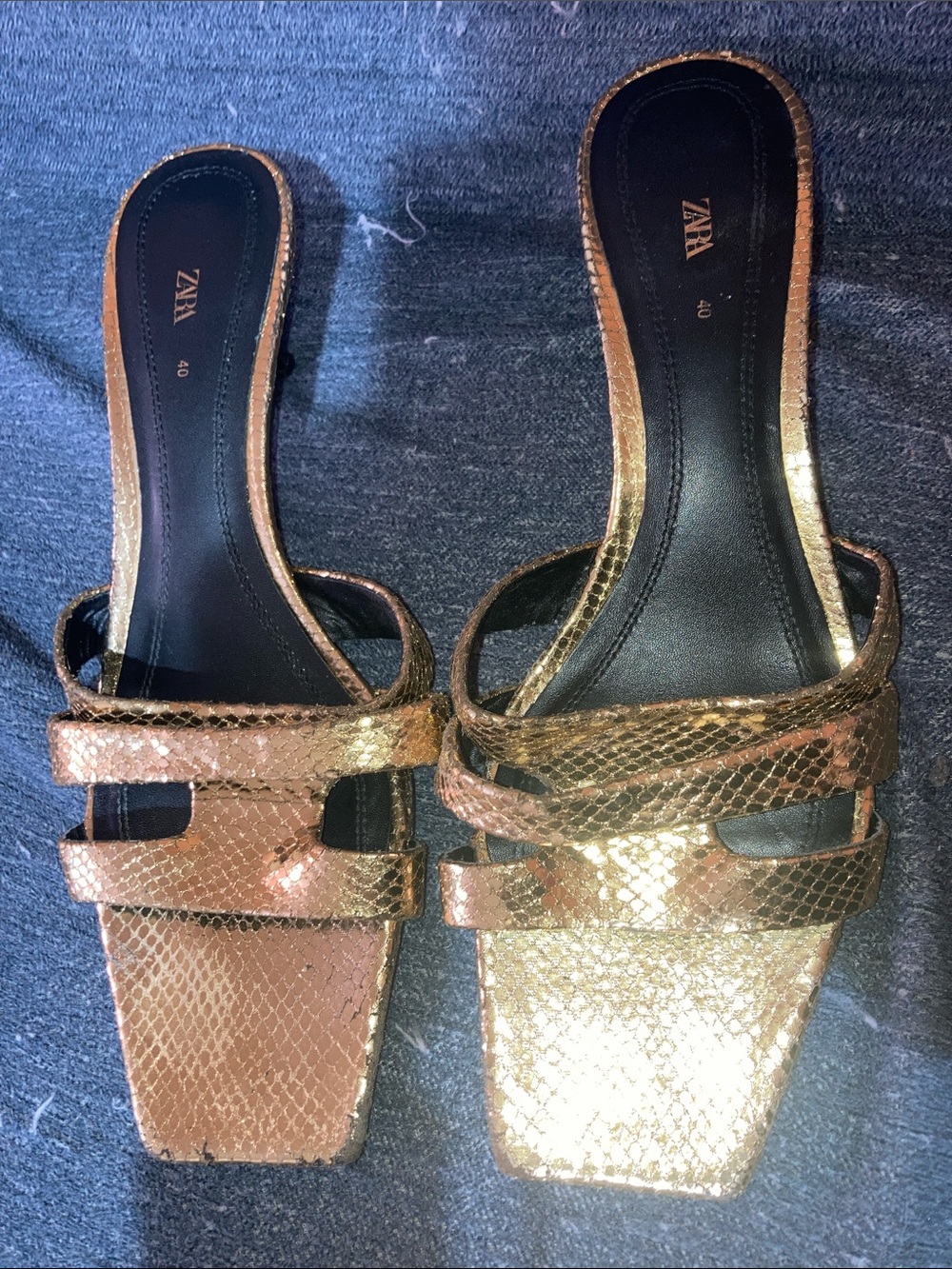Zara gold Snake-Effect with Stras Slide Mules